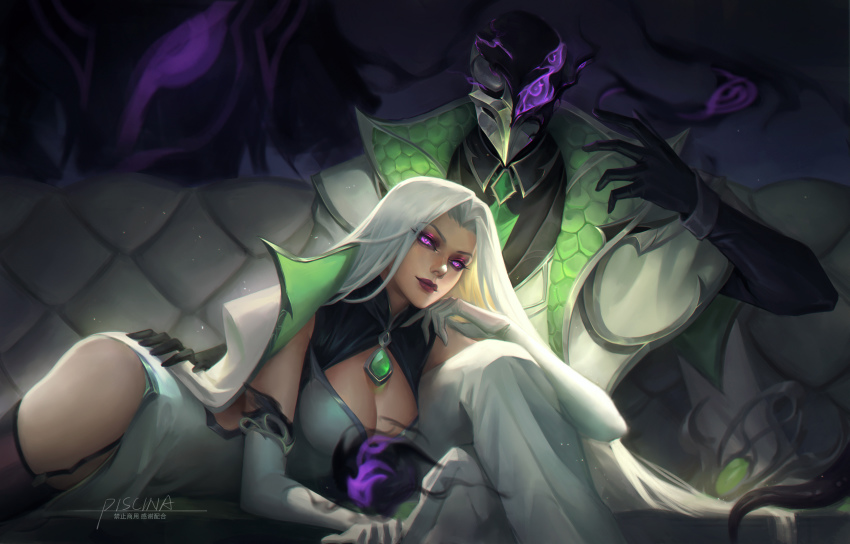1boy 1girl absurdres artist_name black_gloves black_shirt black_thighhighs breasts cleavage_cutout closed_mouth clothing_cutout collared_shirt commentary_request couch crossed_legs elbow_gloves formal_clothes gloves glowing glowing_eyes green_necktie grey_hair hand_up highres jacket jacket_on_shoulders large_breasts league_of_legends long_hair lying magic necktie on_stomach pants parted_bangs pink_eyes piscina shirt sitting suit syndra thighhighs translation_request white_gloves white_pants zed_(league_of_legends)