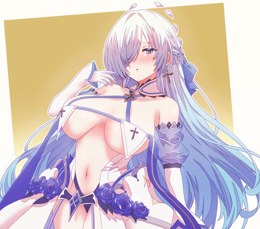 1girl arbiter1 azur_lane bare_shoulders blue_bow blue_hair blush bow braid breast_curtain breast_strap breasts brennus_(azur_lane) center_opening detached_sleeves dress gradient_hair grey_hair hair_bow hair_over_one_eye highres large_breasts long_hair long_sleeves mixed-language_commentary multicolored_hair navel revealing_clothes sideboob white_dress