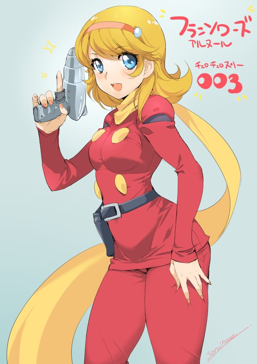 1girl :d artist_name belt black_belt blonde_hair blue_eyes blush coat cyborg_009 francoise_arnoul gun hairband hand_on_own_leg highres holding holding_gun holding_weapon inoue_sora long_hair open_mouth pants pink_hairband red_coat red_pants scarf signature smile straight_hair weapon wide_hips yellow_scarf