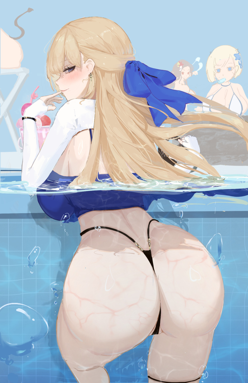 3girls absurdres ass bikini black_bikini blonde_hair blue_bow blue_eyes blush bow breasts brown_dust_(series) brown_dust_2 commentary from_behind hair_bow highleg highleg_bikini highres justia_(brown_dust) long_hair long_sleeves looking_at_viewer looking_back multiple_girls partially_submerged red_eyes shrug_(clothing) slap_mark swimsuit thick_thighs thigh_strap thighs white_shrug wilhelmina_(brown_dust) yinsan