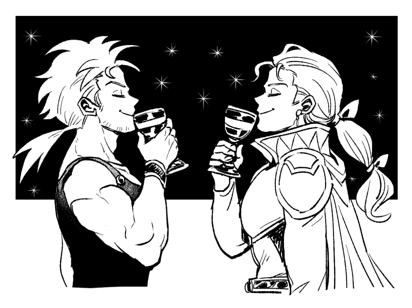 2boys armor border brothers cape closed_eyes cup dede_(qwea_00000) drinking_glass earrings edgar_roni_figaro facial_hair final_fantasy final_fantasy_vi hair_ribbon holding holding_cup jewelry long_hair low_ponytail male_focus medium_hair multi-tied_hair multiple_boys muscular muscular_male ponytail profile ribbon sabin_rene_figaro shoulder_armor siblings sky smile star_(sky) starry_sky stubble tank_top twins upper_body white_border wine_glass
