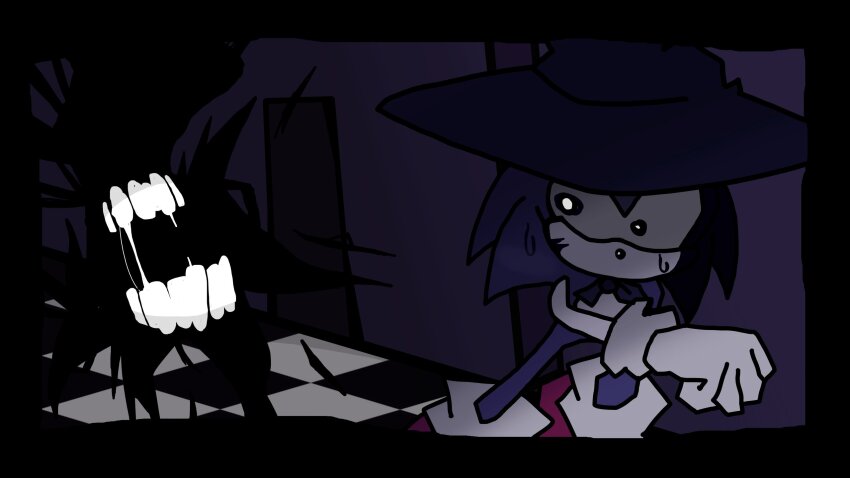acrokris chasing evil_smile hat highres ink meme running scared self-upload shadow smile sonic_(series) sonic_the_hedgehog stone_floor sweatdrop temple wizard_hat