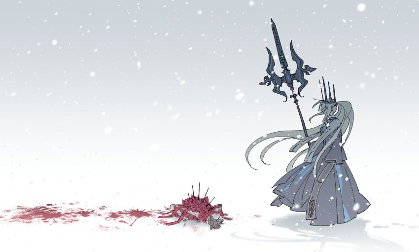 1girl blood bobi braid crown fate/grand_order fate_(series) flower hair_between_eyes half_up_braid highres long_hair long_sleeves morgan_le_fay_(fate) morgan_le_fay_(queen_of_winter)_(fate) polearm ponytail simple_background snow solo spear standing very_long_hair weapon