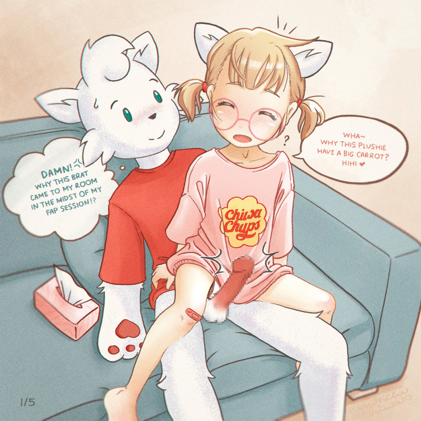 1boy 1girl age_difference animal_ears bandaid bandaid_on_leg blonde_hair blush brand_name_imitation candy censored chupa_chups couch english_text erection fake_animal_ears flat_chest food furry furry_male furry_with_non-furry girl_on_top glasses hetero highres interspecies loli lollipop monchichiwa mosaic_censoring on_couch panties panty_peek penis reverse_upright_straddle sex sex_from_behind sitting sitting_on_lap sitting_on_person speech_bubble tagme testicles tissue_box twintails underwear walk-in white_panties