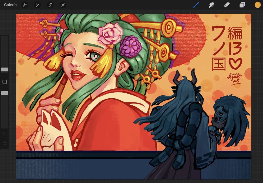 1girl aqua_eyes back commentary english_commentary eyelashes flower green_hair hair_flower hair_ornament hakama hgatoart highres holding holding_mask horns japanese_clothes kimono kouzuki_hiyori mask meme nihongami oiran one_eye_closed ponytail red_kimono red_lips rope shimenawa sidelocks solo veil_(manga) veil_scene_14_redraw_(meme) yamato_(one_piece)