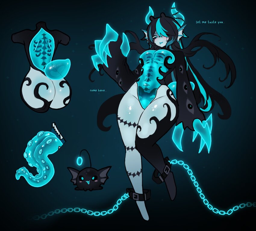 1girl ass black_hair breasts chain highres houndeater open_mouth original see-through_body sharp_teeth skeleton teeth tongue tongue_out wide_hips