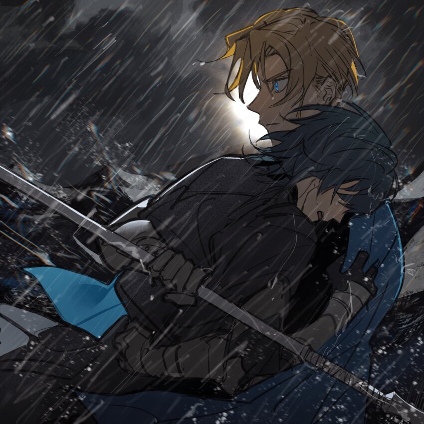 2boys armored_gloves black_cape black_gloves blonde_hair blue_cape blue_eyes blue_hair male_byleth_(fire_emblem) cape chinese_commentary closed_mouth commentary_request covered_eyes dimitri_alexandre_blaiddyd fire_emblem fire_emblem:_three_houses full_moon garreg_mach_monastery_uniform gloves highres holding holding_polearm holding_weapon hug male_focus moon multiple_boys night night_sky nintendo ocean open_mouth polearm rain short_hair sky stormy_waters upper_body urotozm weapon wet wet_clothes wet_hair yaoi