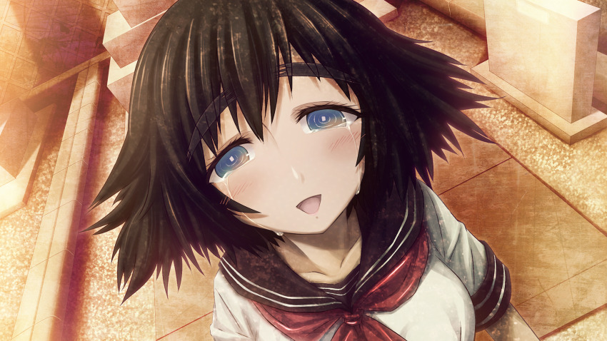 1girl aqua_eyes black_hair black_sailor_collar black_trim blue_eyes blush bob_cut bow chest_bow collarbone crying crying_with_eyes_open dutch_angle from_above game_cg graveyard hair_between_eyes happy happy_tears highres huke looking_at_viewer medium_hair narrowed_eyes neckerchief non-web_source official_art open_mouth outdoors ringed_eyes sailor_collar school_uniform serafuku shiina_mayuri shiny_lips shirt short_sleeves smile solo square_pupils steins;gate steins;gate:_my_darling&#039;s_embrace streaming_tears sunset tareme tears thick_eyebrows tombstone tongue white_shirt