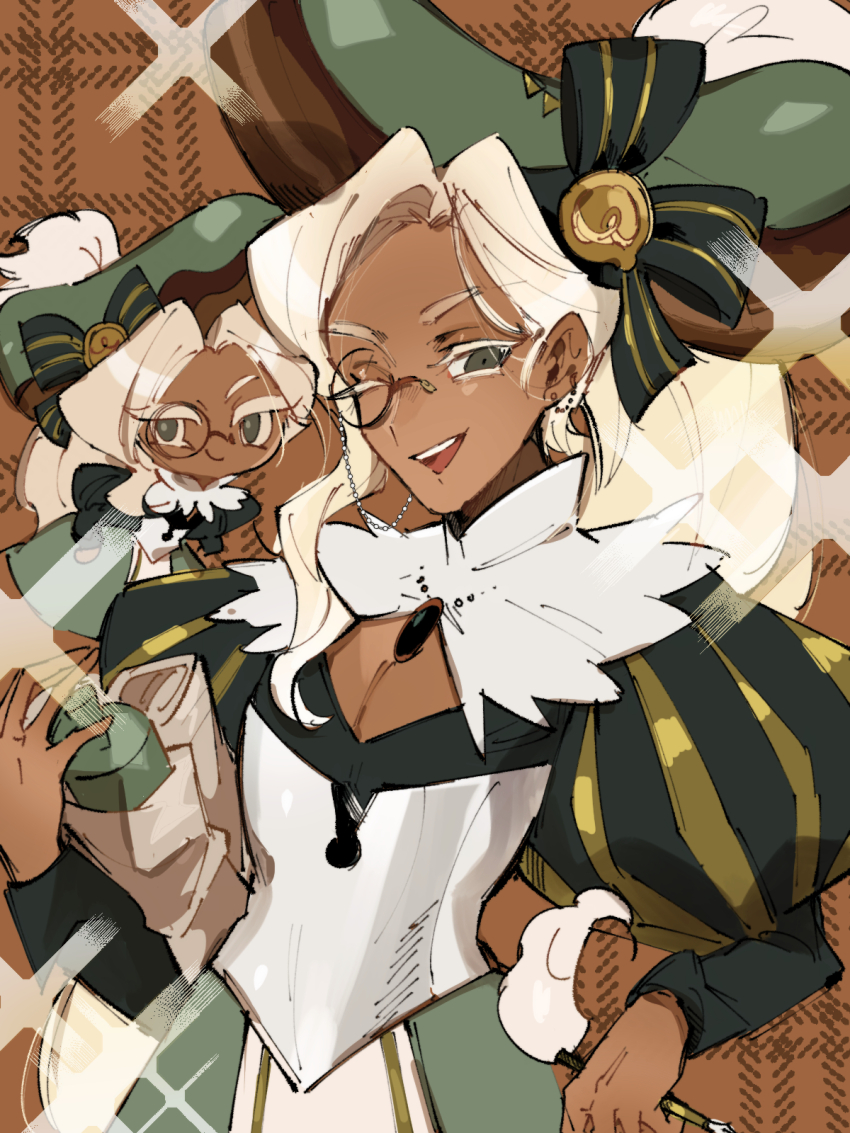2boys ;d androgynous black_bow black_shirt blonde_hair bow brown_background chibi cleavage_cutout clothing_cutout cookie_run cookie_run:_kingdom corset dark-skinned_male dark_skin dual_persona ear_chain earrings eclair_cookie green_eyes green_headwear green_robe hands_on_own_hips hat hat_bow hat_feather highres holding holding_quill holding_scroll humanization jewelry juliet_sleeves linked_piercing long_hair long_sleeves looking_at_viewer male_focus mazeu monocle multiple_boys one_eye_closed open_mouth parted_bangs plaid_background ponytail puff_and_slash_sleeves puffy_sleeves quill robe scroll shirt smile sparkle stud_earrings teeth upper_body upper_teeth_only