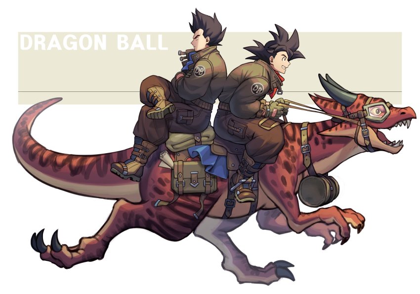 2boys black_hair boots brown_gloves brown_jacket brown_pants copyright_name crossed_arms crossed_legs dinosaur riding_dinosaur dragon_ball dragon_ball_super gloves highres holding holding_reins jacket male_focus minor_(minor2730) multiple_boys pants prehistoric_animal reins riding short_hair smile son_goku spiked_hair teeth vegeta