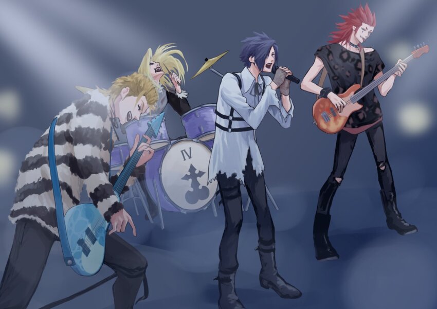 4boys alternate_costume animal_print axel_(kingdom_hearts) band_(music) black_footwear black_lips black_pants black_ribbon black_shirt blonde_hair blue_background blue_hair boots brown_hair chest_harness closed_eyes commentary_request demyx denim dress_shirt drum drum_set drumming drumsticks facepaint fingerless_gloves full_body fur-trimmed_shirt fur_trim gloves grin guitar hair_over_one_eye hand_up happy harness holding holding_drumsticks holding_guitar holding_instrument holding_microphone instrument jeans kingdom_hearts kingdom_hearts_ii leaning_forward leopard_print lipstick long_hair makeup male_focus medium_hair microphone mukashino multiple_boys music neck_ribbon open_mouth organization_xiii pants playing_guitar playing_instrument red_hair ribbon rock_band roman_numeral shirt short_hair singing sitting smile spiked_hair striped_clothes striped_sweater sweater teardrop_facial_mark teeth thigh_strap tongue tongue_out torn_clothes torn_pants torn_shirt upper_teeth_only vexen zexion