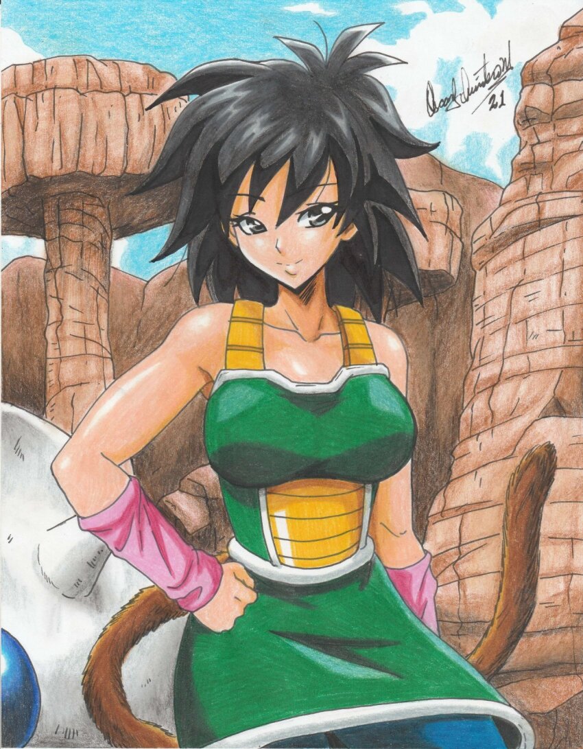 1girl 2021 armor black_eyes black_hair blue_pants breasts brown_tail canyon cliff closed_mouth cloud collarbone dragon_ball dragon_ball_super eyebrows_hidden_by_hair facing_viewer gine hair_between_eyes hand_on_own_hip happy highres large_breasts looking_to_the_side matching_hair/eyes mature_female medium_hair outdoors pants ravernclouk_design saiyan saiyan_armor skirt sky smile solo standing tail traditional_media