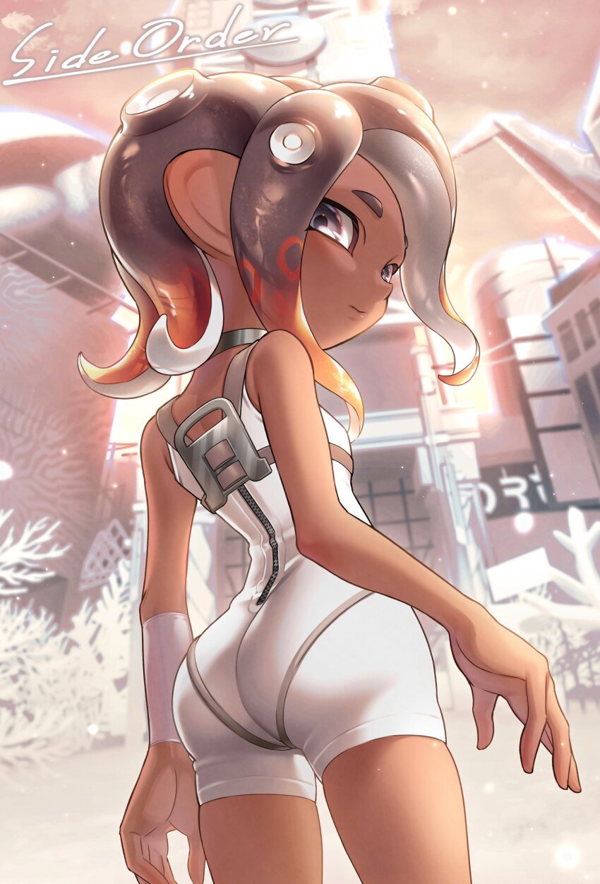 1girl agent_8_(splatoon) ass blurry blurry_background bodysuit brown_hair building closed_mouth commentary_request copyright_name coral dark-skinned_female dark_skin gradient_hair grey_eyes highres iria_(yumeirokingyo) looking_back medium_hair multicolored_hair nintendo octoling octoling_girl octoling_player_character orange_hair sleeveless sleeveless_bodysuit solo splatoon_(series) splatoon_3 splatoon_3:_side_order tentacle_hair thick_eyebrows two-tone_hair white_bodysuit zipper