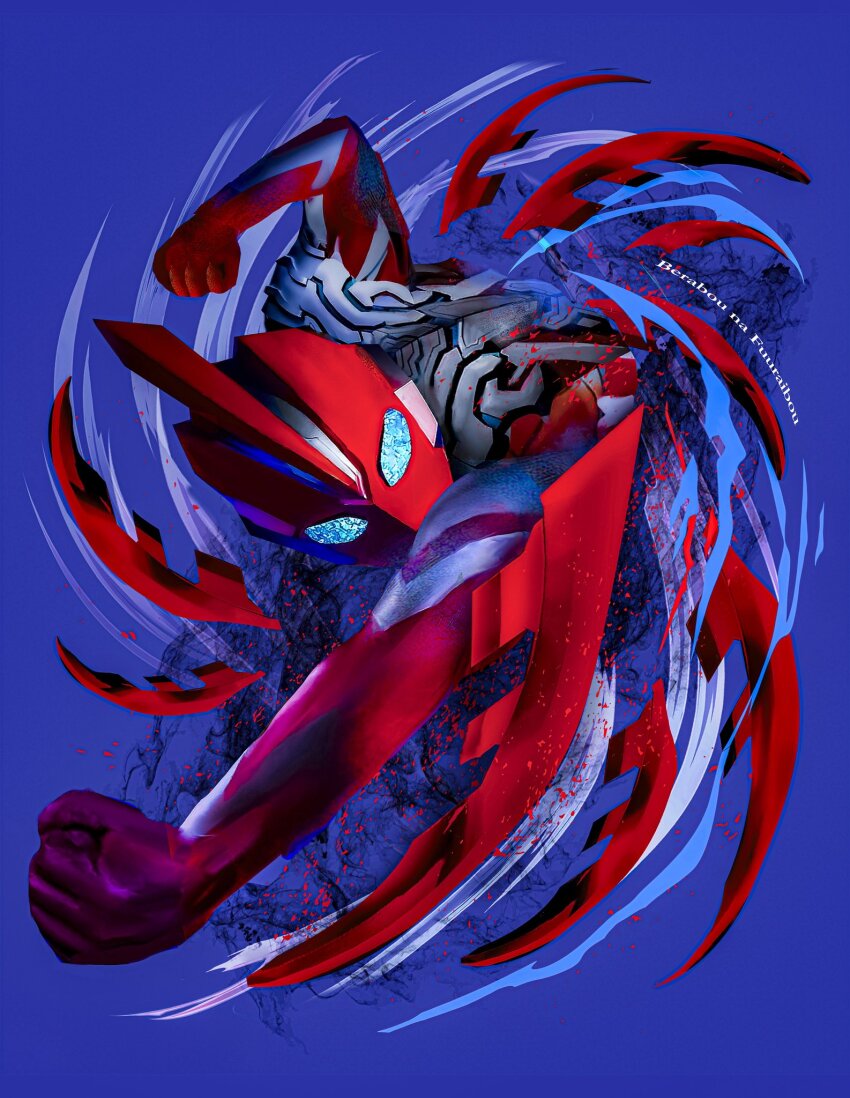1boy alien blue_eyes colored_skin compound_eyes glowing glowing_eyes highres male_focus multicolored_skin obakelope0530 omega_slugger red_skin silver_skin slashing solo tokusatsu two-tone_skin ultra_series ultraman_omega ultraman_omega_(series)