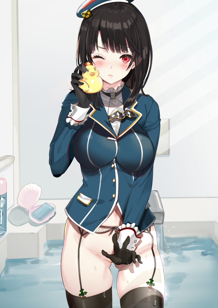 1girl ascot black_gloves black_hair black_thighhighs blush breasts buttons closed_mouth cowboy_shot gloves hayakawa_akari highres kantai_collection large_breasts long_sleeves looking_at_viewer military military_uniform navel one_eye_closed red_eyes rubber_duck shirt short_hair solo takao_(kancolle) thighhighs white_ascot white_shirt