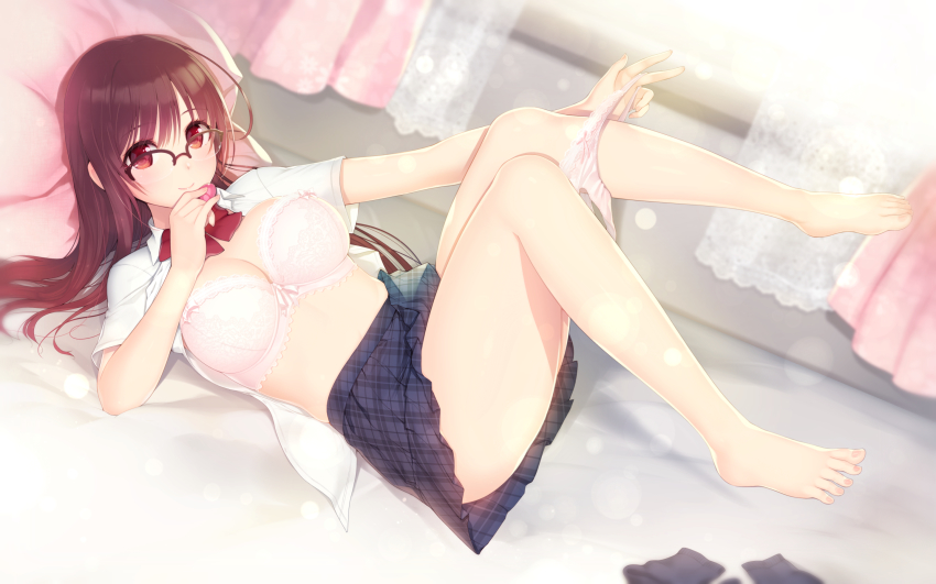 1girl ahoge arima_senne barefoot bed bedroom bra breasts brown_hair glasses highres kashiwamochi_yomogi large_breasts lingerie long_hair lying midriff on_bed open_clothes open_shirt panties panty_pull red_eyes ribbon shirt skirt smile solo thighs underwear