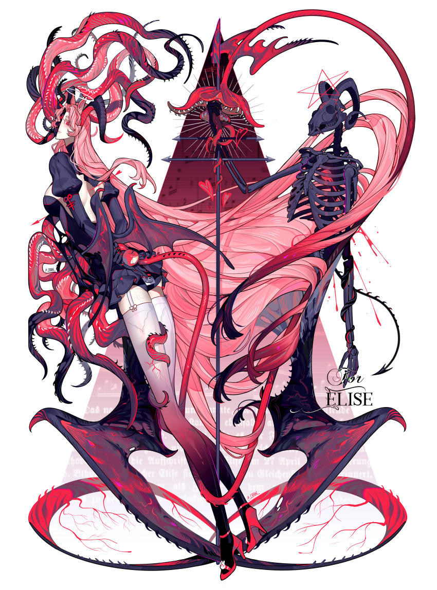 1girl absurdly_long_hair absurdres body_horror chinese_commentary commentary_request crrn demon_girl demon_horns demon_tail demon_wings flesh garter_straps highres horns long_hair original pink_hair red_eyes skeleton tail tentacles thighhighs very_long_hair white_garter_straps white_thighhighs wings