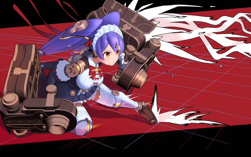 1girl absurdres android apron breasts highres joints large_breasts maid maid_apron maid_headdress mechabare medaman poppi_(xenoblade) poppi_qt_(xenoblade) purple_hair red_eyes robot_ears robot_joints simple_background solo white_apron white_background xenoblade_chronicles_(series) xenoblade_chronicles_2