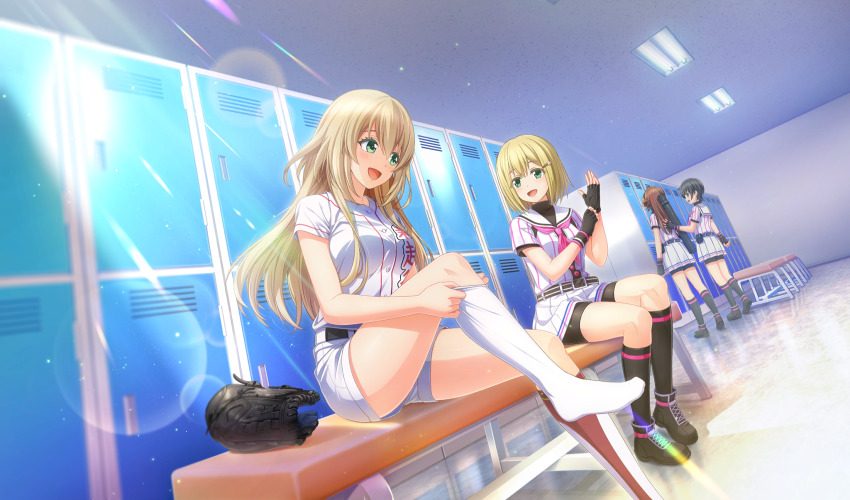 4girls :d arihara_tsubasa baseball_glove baseball_uniform belt belt_buckle belt_pouch bike_shorts_under_skirt black_belt black_gloves black_hair black_pouch black_shorts black_socks black_undershirt blonde_hair brown_hair buckle cinderella_series cosplay costume_switch dressing eye_contact fingerless_gloves game_cg gloves green_eyes hachigatsu_no_cinderella_nine highres indoors kawakita_tomoe lens_flare light_particles light_rays locker locker_room long_hair looking_at_another medium_hair multiple_girls nakamura_nozomi_(tamayomi) neckerchief non-web_source nozaki_yuuki official_art on_bench open_mouth pink_neckerchief pleated_skirt pouch shirt shirt_under_shirt short_hair short_sleeves shorts sitting skirt smile socks sportswear standing striped_belt striped_clothes striped_shirt sunbeam sunlight tamayomi vertical-striped_clothes vertical-striped_shirt white_shirt white_shorts white_socks