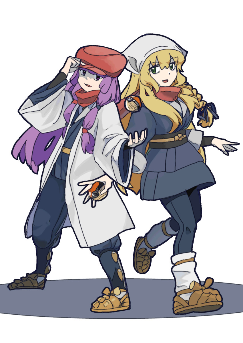 2girls adjusting_clothes adjusting_headwear akari_(pokemon) akari_(pokemon)_(cosplay) blonde_hair blue_coat blue_pants blue_ribbon braid coat commentary_request cookie_(touhou) cosplay full_body green_eyes hair_ribbon headscarf highres hisuian_poke_ball holding holding_poke_ball kirisame_marisa layered_clothes leftame long_hair looking_at_viewer mars_(cookie) multiple_girls nintendo open_mouth pants patchouli_knowledge poke_ball pokemon pokemon_legends:_arceus purple_eyes purple_hair red_headwear red_scarf rei_(pokemon) rei_(pokemon)_(cosplay) ribbon sandals scarf side_braid simple_background single_braid smile socks taisa_(cookie) touhou transparent_background white_coat white_headscarf white_legwear wide_sleeves