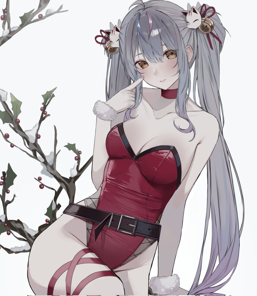 1girl ahoge alternate_costume amemoshi bare_shoulders bell belt belt_buckle breasts buckle choker cleavage collarbone finger_to_cheek fox_mask fur_wrist_cuffs grey_hair hair_bell hair_ornament highres jingle_bell leg_ribbon leotard light_smile long_hair looking_at_viewer mask medium_breasts mesh mistletoe multicolored_hair red_choker red_leotard ribbon sidelocks simple_background solo strapless strapless_leotard streaked_hair thigh_ribbon twintails v4mirai virtual_youtuber white_background white_wrist_cuffs wrist_cuffs yae_yugiri yellow_eyes