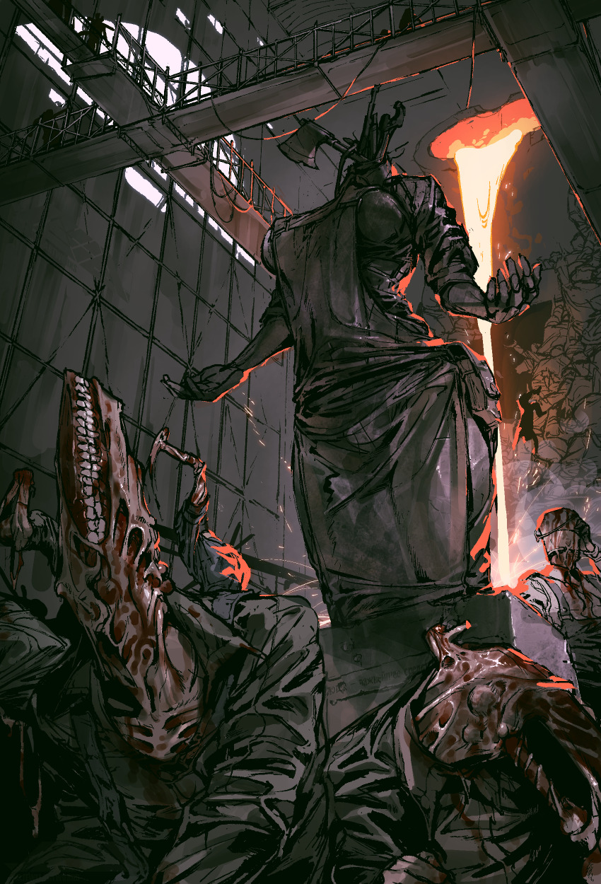 1girl 5others absurdres breasts commentary english_commentary falling flesh hammer headless highres horror_(theme) indoors juerucj molten_metal monster_girl multiple_others robe scaffolding scp-1011 scp_foundation statue teeth thighs