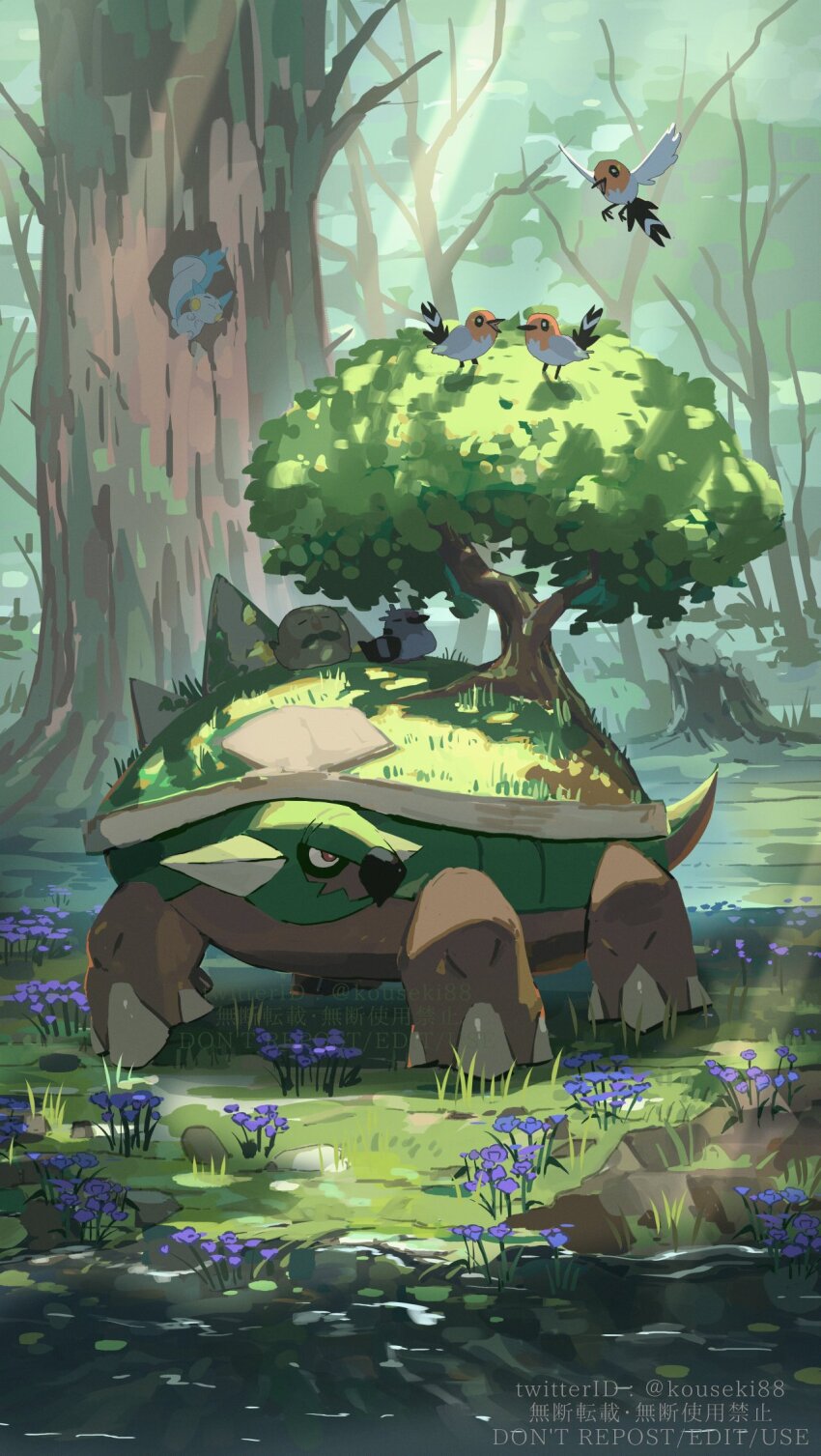 bird commentary day fletchling flower flying forest gen_4_pokemon gen_6_pokemon grass highres kouseki_(ujyh7732) light_rays looking_up nature nintendo no_humans outdoors pachirisu pokemon pokemon_(creature) purple_flower torterra tree twitter_username water watermark