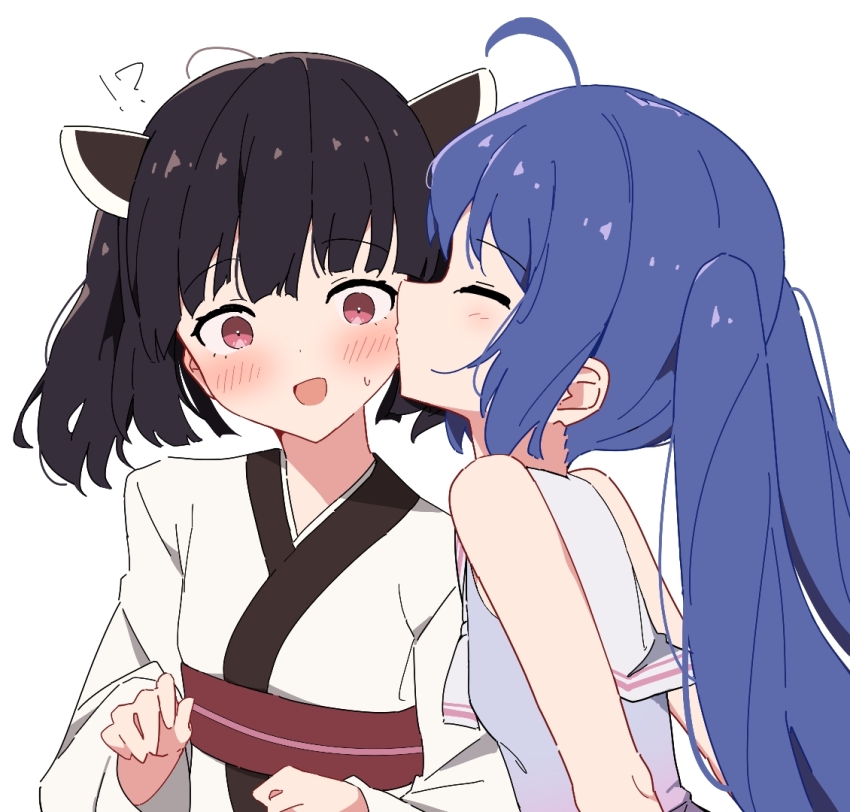 2girls animal_ears bare_arms black_hair blue_hair blush cat_ears closed_eyes commentary_request giryu japanese_clothes kimono kiss kissing_cheek looking_at_viewer multiple_girls open_mouth otomachi_una pink_eyes shirt simple_background sleeveless sleeveless_shirt sweatdrop touhoku_kiritan twintails voiceroid white_background white_kimono white_shirt yuri