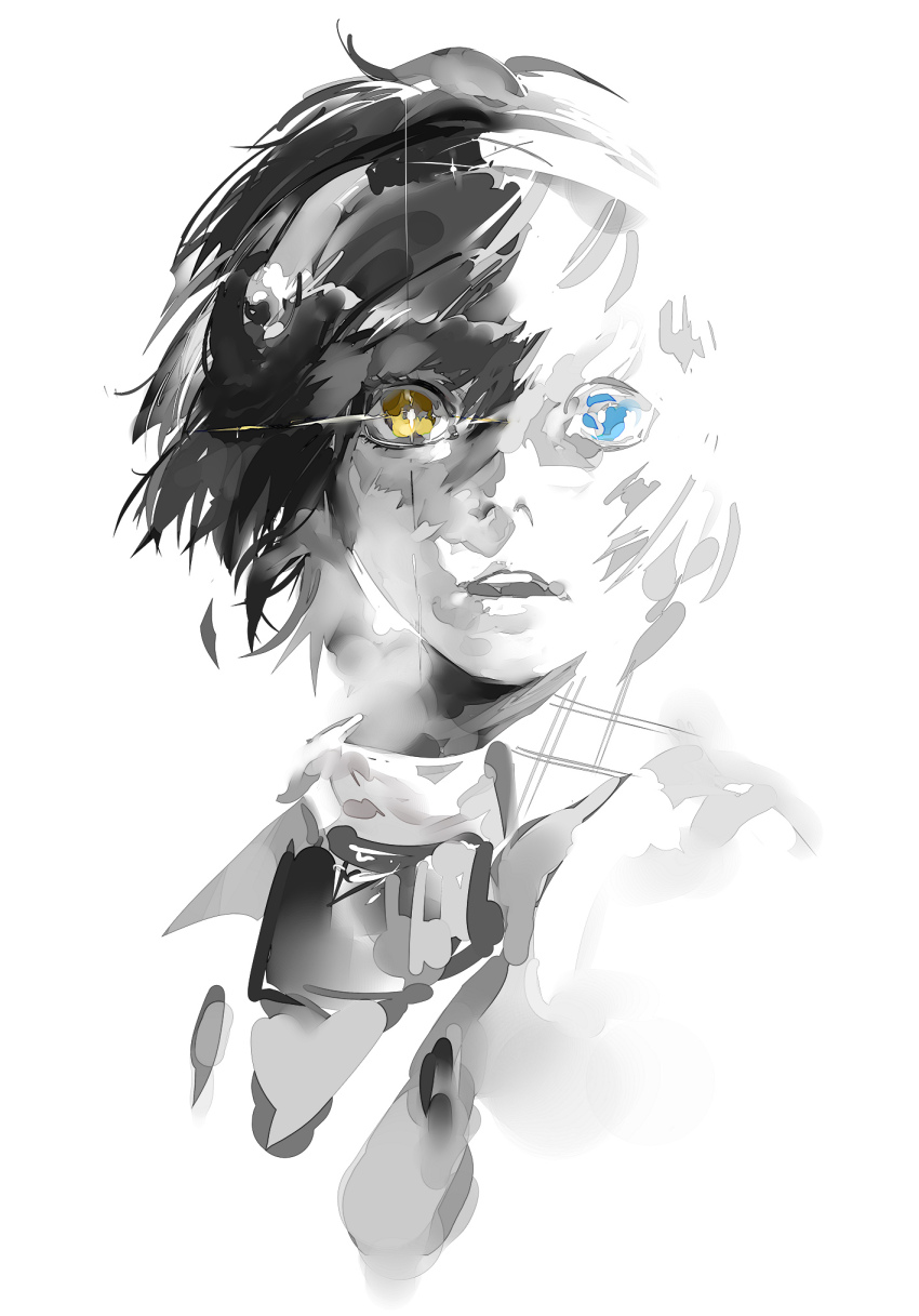 1boy blazpu collared_shirt cropped_shoulders greyscale hairband heterochromia highres looking_ahead male_focus metal_hairband metaphor:_refantazio monochrome parted_lips patterned_clothing protagonist_(metaphor:_refantazio) shirt short_hair simple_background solo sparkle spot_color teeth upper_teeth_only white_background wing_collar