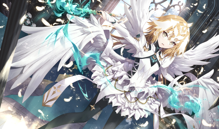 1girl angel_wings black_pantyhose blonde_hair bracelet breasts bridal_gauntlets dress fate/grand_order fate_(series) feathered_wings gabiran headpiece highres jeanne_d&#039;arc_(fate) jewelry juliet_sleeves long_hair long_sleeves looking_at_viewer metatron_jeanne_(fate) metatron_jeanne_(third_ascension)_(fate) multiple_wings open_mouth pantyhose puffy_sleeves small_breasts solo thighs very_long_hair white_dress wings yellow_eyes
