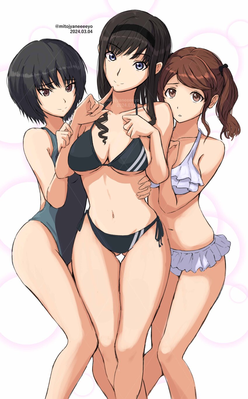3girls absurdres amagami bikini bikini_skirt black_bikini black_hair black_hairband black_one-piece_swimsuit blue_eyes breasts brown_eyes brown_hair cleavage dated drill_hair feet_out_of_frame frilled_bikini frills gluteal_fold hairband hands_on_own_chest highres long_hair medium_breasts mitojyaneeeeyo morishima_haruka multiple_girls nakata_sae nanasaki_ai one-piece_swimsuit short_hair side-tie_bikini_bottom standing swimsuit thigh_gap twintails twitter_username two-tone_swimsuit white_bikini