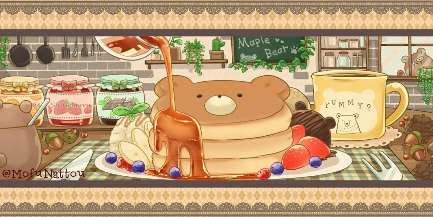acorn animal-themed_food bear blueberry border brick_wall brown_border butter chalkboard character_request check_character check_copyright cherry chocolate_syrup commentary_request cookie copyright_request cup english_text food fork fruit frying_pan glass_container glasses ibaraki_natou jam jar kitchen knife letterboxed maple_syrup marmalade mug no_humans original pancake pancake_stack pepper_shaker pinecone plaid_background plaid_tablecloth plant plate potted_plant pouring salt_shaker shelf spoon strawberry strawberry_jam tea_cozy twitter_username vines window