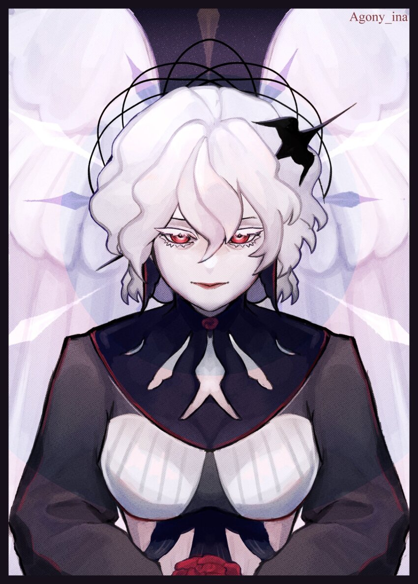 agony_ina angel black_dress colored_skin dress expressionless halo highres japhael_yaphaenkiel_(crrn) long_sleeves looking_at_viewer medium_hair original solo white_hair white_skin