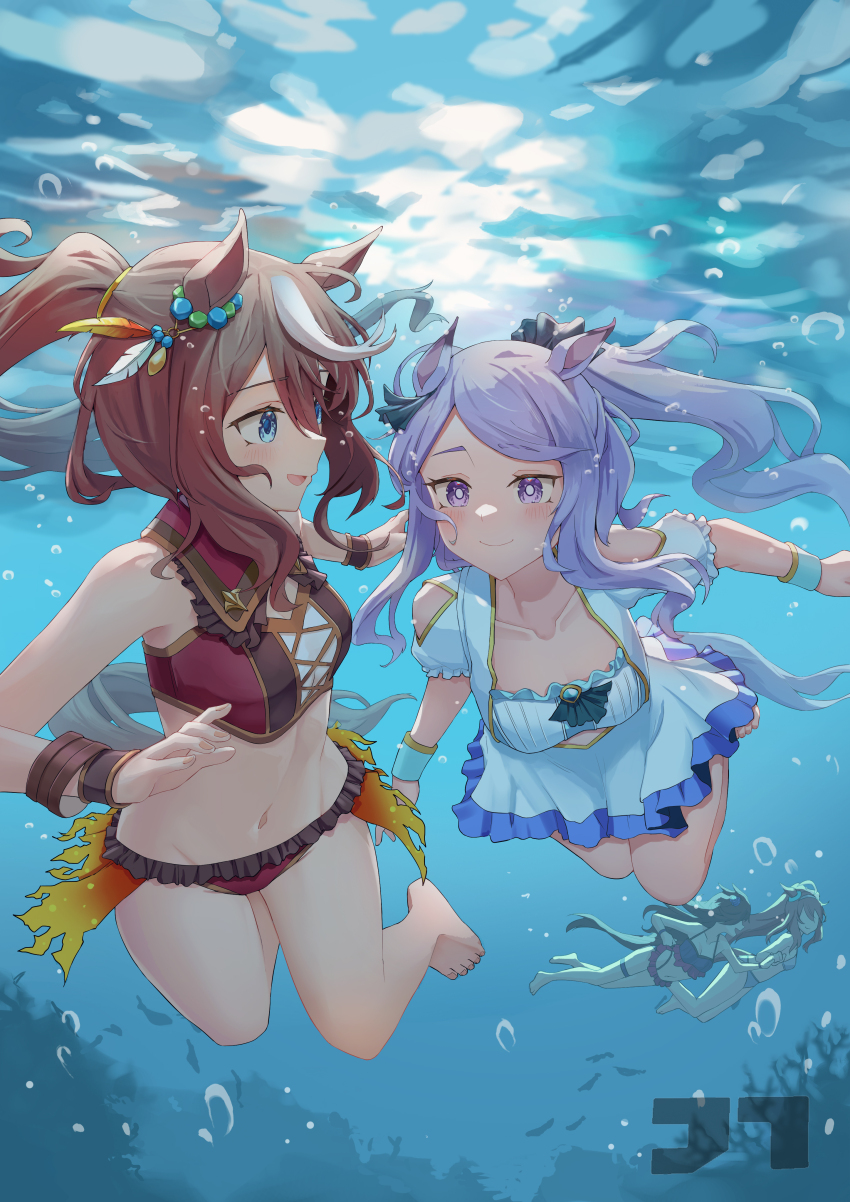 absurdres animal_ears bikini blue_eyes brown_hair highres horse_girl jtleeklm mejiro_mcqueen_(umamusume) ocean ponytail purple_eyes purple_hair swimsuit tokai_teio_(umamusume) umamusume underwater