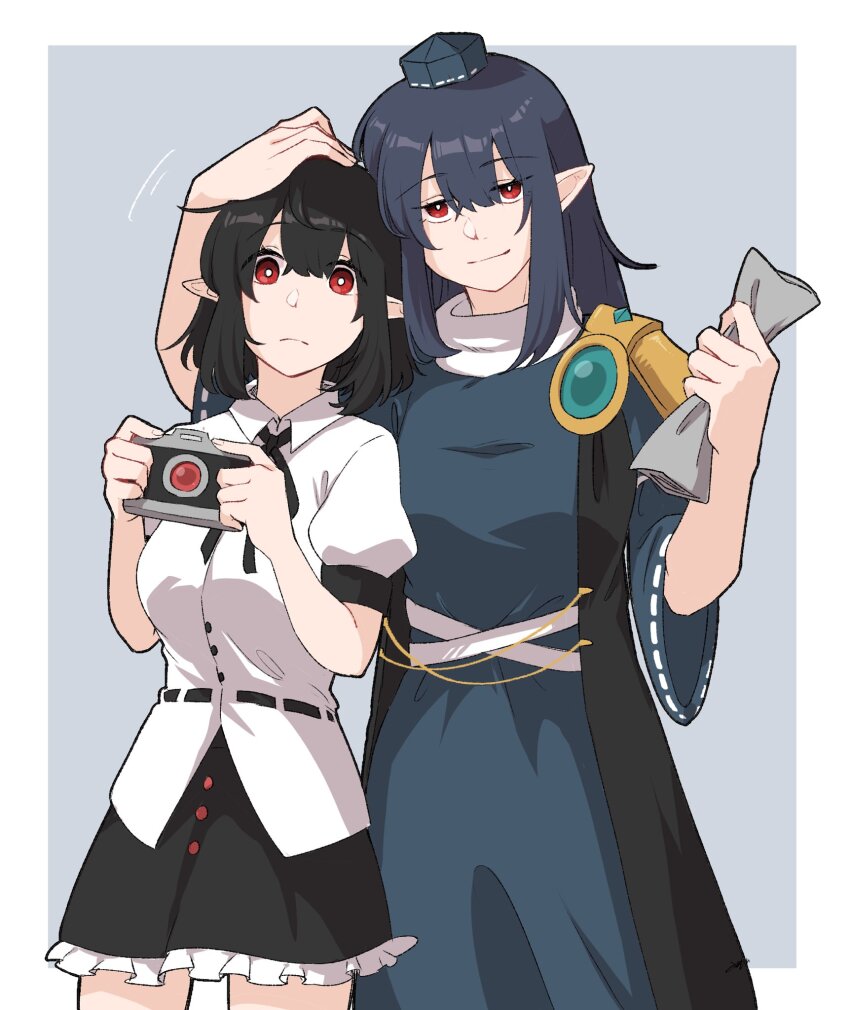 2girls black_hair black_skirt blue_background blue_dress bright_pupils camera closed_mouth dress expressionless hair_between_eyes hand_on_another&#039;s_head hat head_hug highres holding holding_camera holding_paper iizunamaru_megumu long_hair looking_at_viewer medium_hair min.k multiple_girls paper pointy_ears red_eyes shameimaru_aya shirt short_sleeves skirt smile tokin_hat touhou white_pupils white_shirt