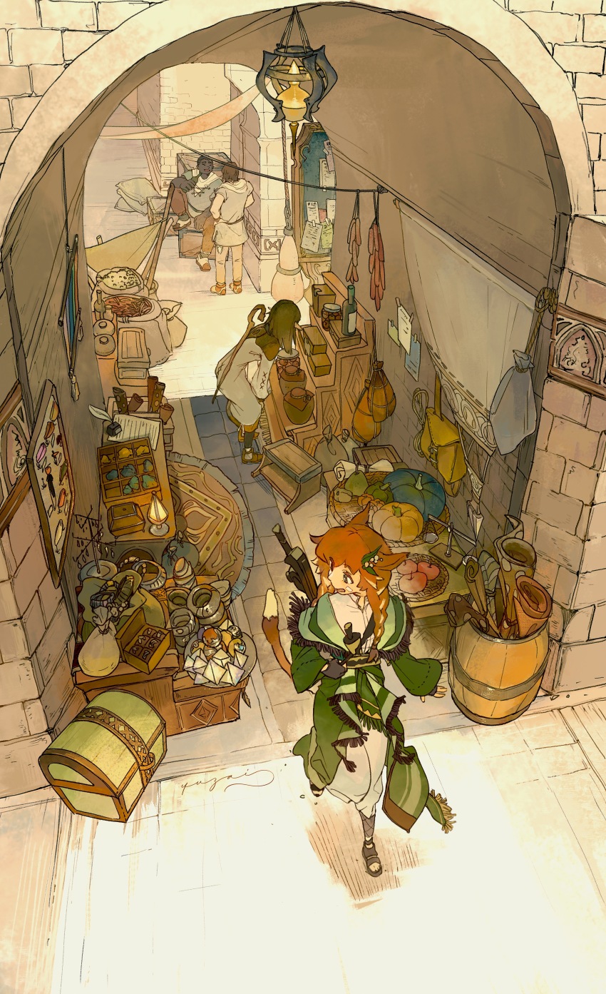 2boys 2girls absurdres animal_ears backpack bag barrel basket bottle braid cat_ears cat_girl cat_tail chest_(furniture) coat day final_fantasy final_fantasy_xiv from_above green_coat highres lamp long_hair looking_back market miqo&#039;te multiple_boys multiple_girls open_mouth orange_hair outdoors pumpkin rug scenery stone_wall tail twin_braids unworn_backpack unworn_bag walking warrior_of_light_(ff14) wide_shot yuzaiii