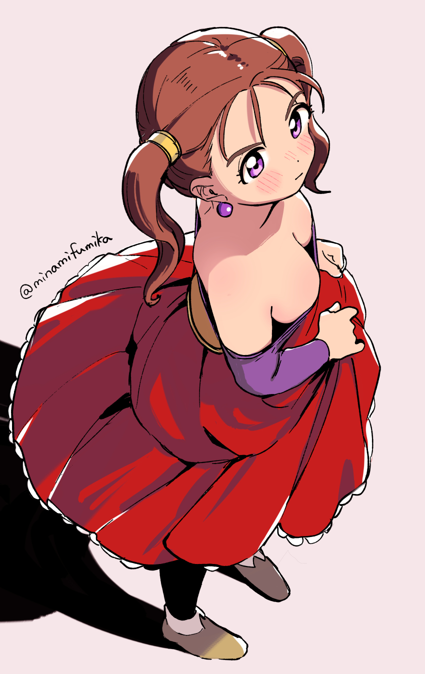 1girl absurdres bare_shoulders blush breasts brown_eyes brown_hair cleavage closed_mouth commentary downblouse dragon_quest dragon_quest_viii dress earrings full_body highres jessica_albert jewelry large_breasts long_hair looking_at_viewer miyama_(kannsannn) purple_shirt shirt simple_background solo twintails
