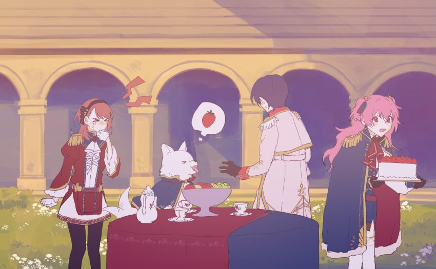 3girls arch ascot black_cape black_coat black_gloves black_hair brown_hair cake cape chalice coat cup dog epaulettes fang food fruit ganada_404 gloves half_gloves hanasato_minori highres holding holding_cake holding_cup holding_food hoshino_ichika_(project_sekai) jacket momoi_airi multiple_girls official_alternate_costume official_alternate_hair_length official_alternate_hairstyle pink_hair project_sekai red_ascot red_jacket relax_teatime_(project_sekai) saucer speech_bubble standing strawberry table tablecloth tail tail_wagging teacup teapot thighhighs thought_bubble tongue tongue_out twintails whistling white_ascot white_coat white_dog white_gloves white_jacket white_thighhighs