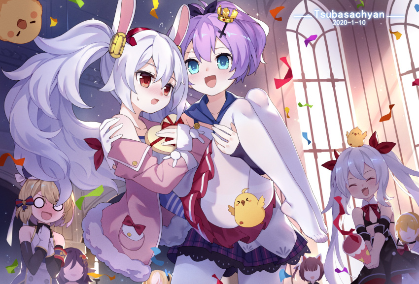 6+girls ^_^ animal_ears aqua_eyes artist_name azur_lane bare_shoulders blonde_hair blue_eyes blush box camisole candle carrying closed_eyes collarbone commentary_request confetti dated fake_animal_ears hair_between_eyes heart-shaped_box highres holding_person houshou_(azur_lane) jacket javelin_(azur_lane) kalk_(azur_lane) laffey_(azur_lane) light_purple_hair manjuu_(azur_lane) multiple_girls no_shoes north_carolina_(azur_lane) nose_blush off_shoulder open_mouth pantyhose party_popper pink_jacket plaid_clothes plaid_skirt pleated_skirt princess_carry purple_hair purple_skirt rabbit_ears red_eyes red_skirt shiratsuyu_(azur_lane) sidelocks skirt smile surprised thighband_pantyhose toes tsubasa_tsubasa twintails vampire_(azur_lane) white_legwear yuri z23_(azur_lane)