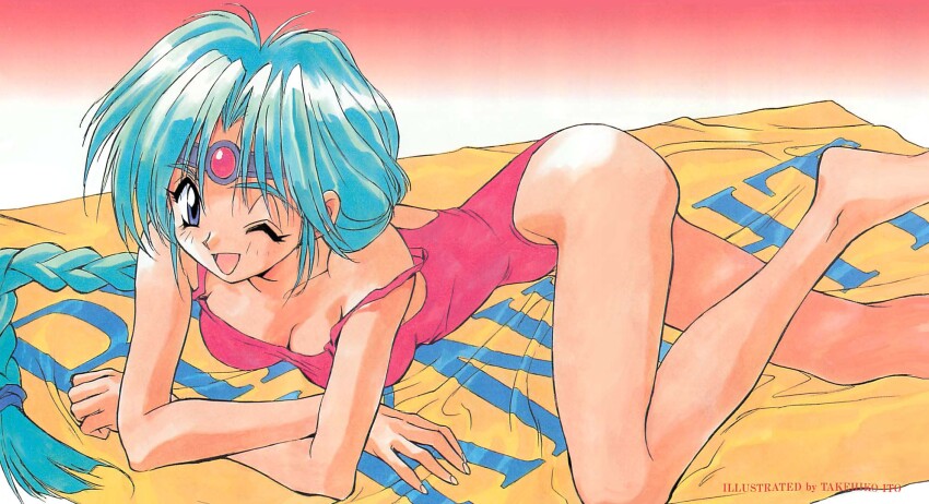 1990s_(style) 1girl ass blush breasts circlet cleavage green_eyes green_hair haou_taikei_ryuu_knight highres large_breasts leotard long_hair looking_at_viewer one-piece_swimsuit one_eye_closed open_mouth paffy_pafuricia retro_artstyle smile solo swimsuit towel
