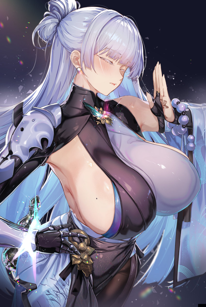 1girl absurdres armpits breasts closed_eyes commentary_request earrings goddess_of_victory:_nikke highres huge_breasts jewelry long_hair nayuta_(nikke) prosthesis prosthetic_arm sideboob sky solo star_(sky) starry_sky two-tone_kimono ura_illust very_long_hair white_hair