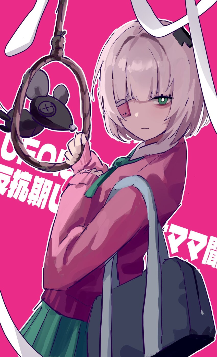 1girl bandaged_head bandages black_horns blonde_hair blunt_bangs cellphone collared_shirt e2ze2 eyepatch green_eyes green_neckerchief green_skirt half-closed_eye highres holding horns kneehighs long_sleeves looking_at_viewer neckerchief noose phone phone_eyepatch pink_sweater pleated_skirt puffy_sleeves ruru_(shinsei_kamattechan) shinsei_kamattechan shirt short_hair single_horn skirt sleeves_past_wrists socks solo standing stuffed_animal stuffed_mouse stuffed_toy sweater thick_thighs thighs white_shirt white_socks