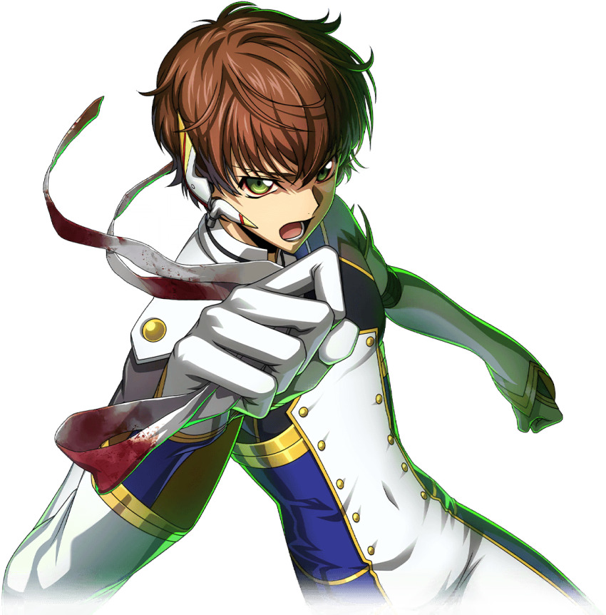 1boy brown_hair code_geass code_geass:_fukkatsu_no_lelouch code_geass:_lost_stories f4samurai gloves green_eyes kururugi_suzaku male_focus official_art open_mouth simple_background solo teeth transparent_background white_gloves