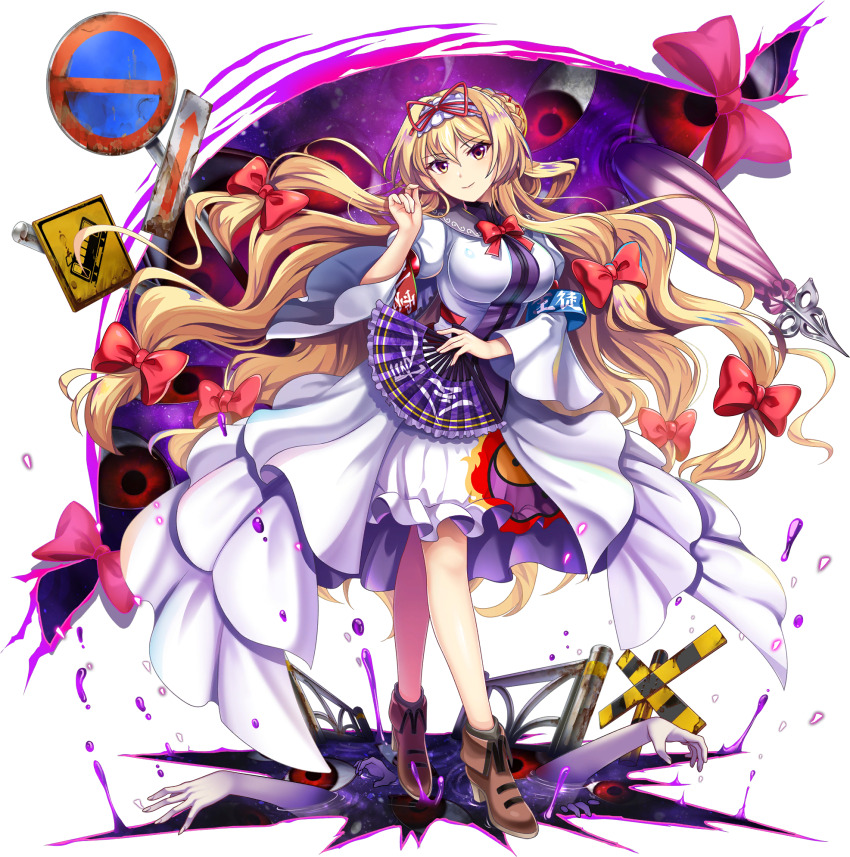 1girl alternate_costume alternate_hairstyle alternate_headwear armband blue_armband boots bow bowtie breasts brown_boots closed_mouth disembodied_hand dress flame_print folding_fan frilled_dress frilled_hairband frills full_body game_cg gap_(touhou) hair_bow hairband hand_fan high_heel_boots high_heels highres holding holding_fan large_breasts long_hair long_sleeves looking_at_viewer low-tied_long_hair multiple_hair_bows official_art parasol pink_umbrella red_armband red_bow red_bowtie road_sign rotte_(1109) sign smile solo third-party_source touhou touhou_lostword translation_request transparent_background umbrella very_long_hair white_dress white_hairband wide_sleeves yakumo_yukari yakumo_yukari_(gorgeous_student_president) yellow_eyes yin_yang yin_yang_print