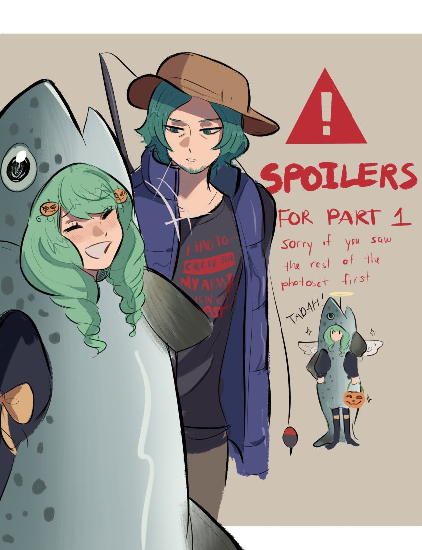 1boy 1girl absurdres beard brother_and_sister closed_eyes facial_hair fire_emblem fire_emblem:_three_houses fishing_rod flayn_(fire_emblem) funyanrinpa green_eyes green_facial_hair green_hair hair_ornament halloween halloween_bucket halloween_costume hat highres jacket long_hair long_sleeves nintendo parted_lips seteth_(fire_emblem) short_hair siblings