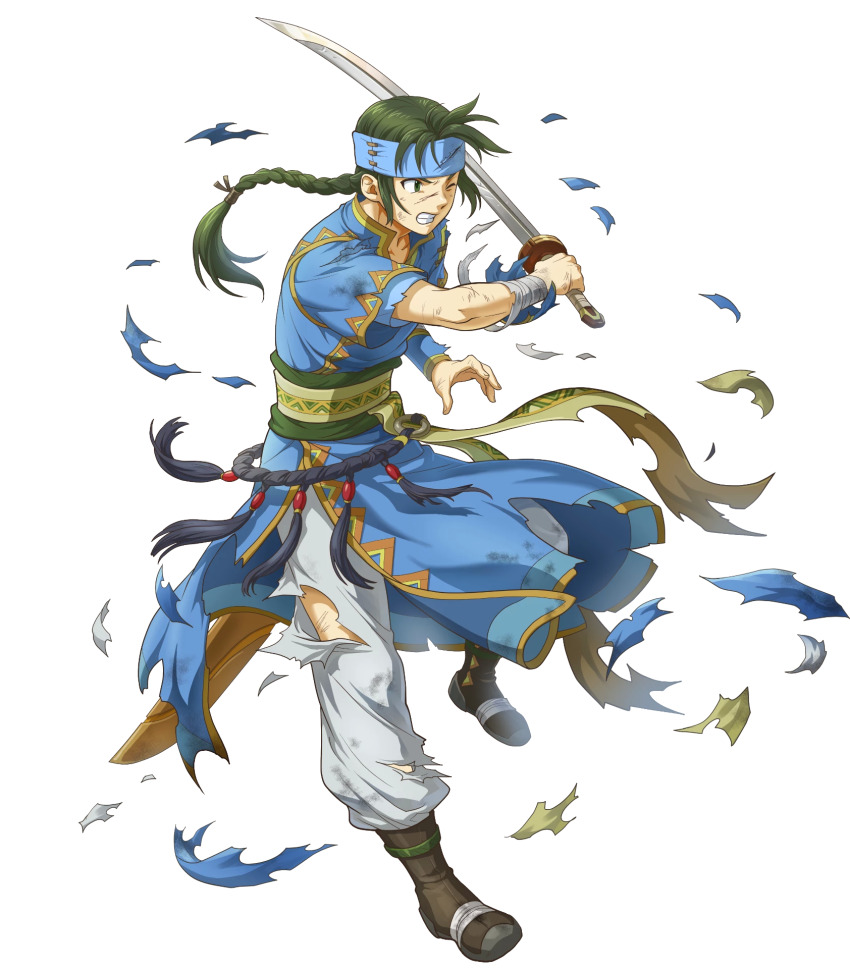 1boy bandages belt boots braid clenched_teeth fire_emblem fire_emblem:_the_blazing_blade fire_emblem_heroes full_body gold_trim green_eyes green_hair guy_(fire_emblem) headband highres holding holding_sword holding_weapon indesign leg_up long_hair looking_away male_focus nintendo non-web_source official_art one_eye_closed pants parted_lips pelvic_curtain short_sleeves single_braid solo sword teeth torn_clothes torn_pants transparent_background weapon