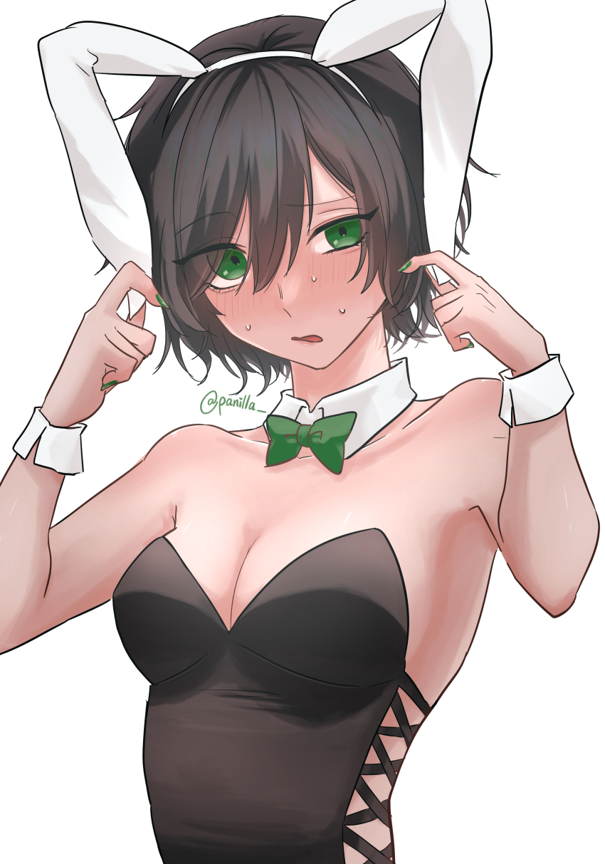 1girl absurdres alternate_costume animal_ears black_hair black_leotard blush bow bowtie breasts bunny_day cleavage commentary_request detached_collar fake_animal_ears green_bow green_bowtie green_eyes green_nails hair_between_eyes highres leotard looking_at_viewer medium_breasts murasa_minamitsu open_mouth panilla playboy_bunny rabbit_ears sideless_leotard simple_background solo strapless strapless_leotard touhou upper_body white_background wrist_cuffs