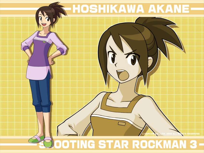 1girl 2008 brown_eyes brown_hair capcom character_name copyright_name dated full_body hands_on_own_hips highres hope_stelar_(mega_man) long_hair mega_man_(series) mega_man_star_force_(series) official_art ponytail smile solo zoom_layer