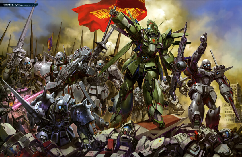 absurdres arm_up assault_visor beam_rifle blue_sky building cloud cloudy_sky crossbone_vanguard dahgi_iris damaged den&#039;an_gei den&#039;an_zon ebirhu-s energy_gun energy_sword fine_art_parody flag gun gundam gundam_f91 heavygun highres holding holding_flag holding_gun holding_sword holding_weapon jegan kinoshita_tomotake lance liberty_leading_the_people mecha mecha_focus mobile_suit no_humans open_cockpit parody polearm robot science_fiction shield shoulder_spikes sky smoke spikes standing sword thrusters trigger_discipline weapon wreckage