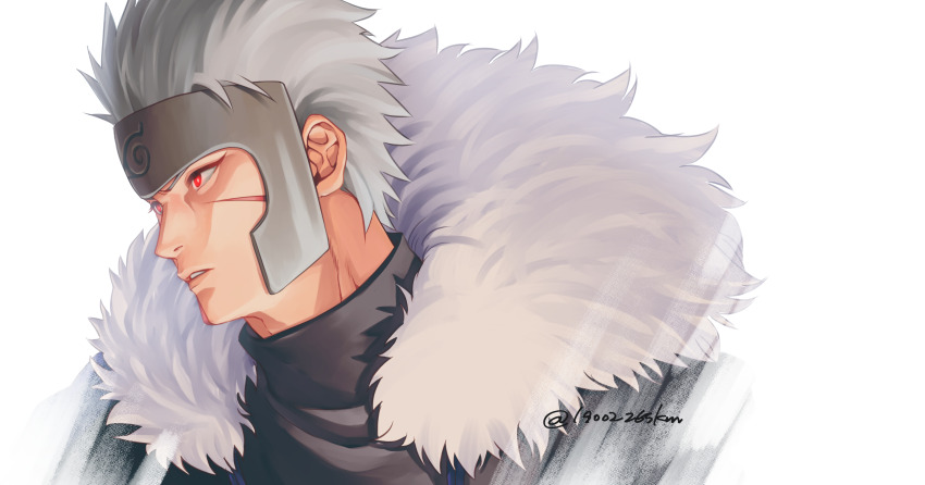 1boy absurdres adam&#039;s_apple black_shirt commentary_request fur_collar grey_hair highres kemu_(19002265km) looking_ahead male_focus naruto_(series) parted_lips red_eyes scar scar_on_face senju_tobirama shirt sidelighting signature simple_background solo upper_body